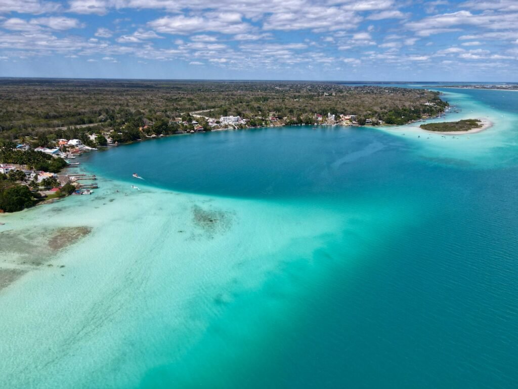 A view from above, shot at the majestic Bacalar lagoon, a piece of heaven located at the Yucatan peninsula in southern Mexico.